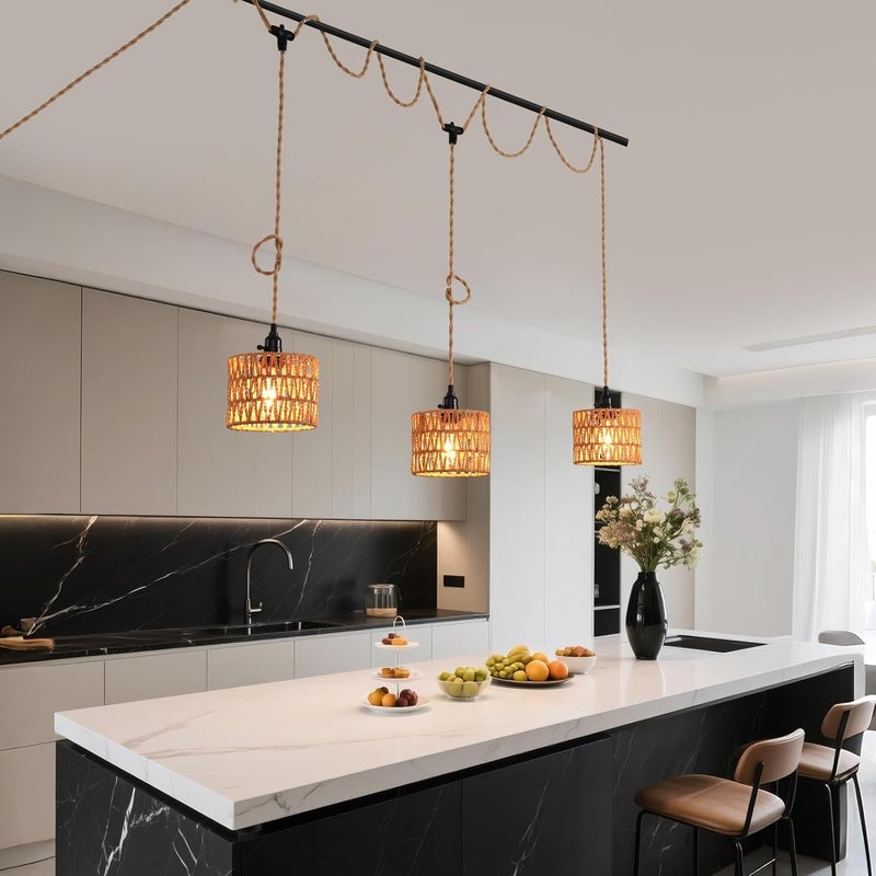 KENMI 3-Light Hanging Light with Plug in Cord,Plug in Pendant Light 22ft Hemp Rope Pendant Lighting Vintage 3-Light Hanging Lamp Fixtures for Kitchen Island Living Room Bedroom - Image 4